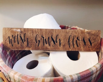 Bathroom Sign, Wash Brush Floss, Bathroom Decor, Farmhouse Bathroom Decor, Housewarming Gift for Couple, Kids Bathroom Wall Decor, Best
