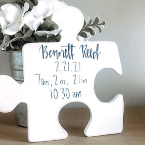 Baby Birth Stats Sign, Personalized Baby Birth Announcement, Puzzle Piece Wall Decor, Baby Shower Gift for New Mom, Custom Nursery Name Sign