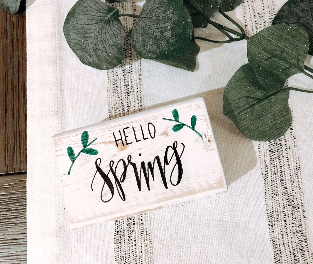 Hello Spring Signature Box Hand Lettered Hello Spring Sign: Small Wood Tiered Tray Decor - Etsy