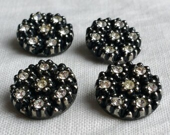 Black and Silver with Diamantes Vintage Glass Buttons set of 4 Shank 1.7 cm