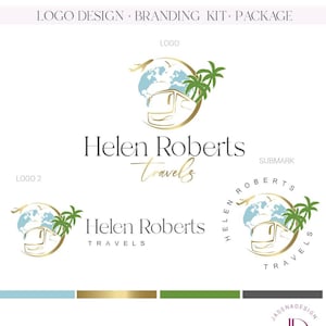Logo di viaggio, design di globo di autobus e aereo, logo di viaggio modificabile, marchio predefinito di agenzie e agenti di viaggio, biglietto da visita, carta intestata e kit di timbri 55