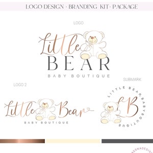 May include: Logo design for a baby boutique called "Little Bear Baby Boutique". The logo features a white teddy bear with a pink bow and the text "Little Bear" in a cursive font. The submark is a circle with the text "Little Bear, Baby Boutique" and the initials "LB" in a gold color.