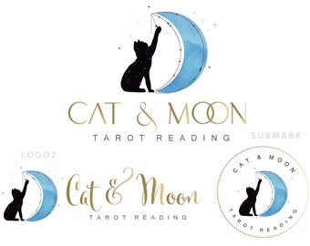 Cat moon logo Tarot logo Healing logo Spiritual  logo Tarot reading template Black cat moon branding set Cute tarot logo no.282