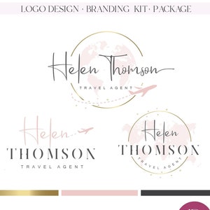 Logo reisbureau Wereldbol vliegtuigkaart branding Bewerkbaar logo Logo reisbureau Premade travel blogger-logo Visitekaartje Briefhoofd 325