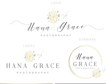 Gold dandelion logo and branding Dandelion stamp logo Lifestyle logo Jewelry logo Photography logo Jewelry logo Children logo template no198
