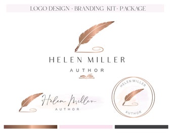 Writer logo and branding Feather logo design Author logo Copywriter rose gold logo Journalist branding Notary logo Poetry logo template