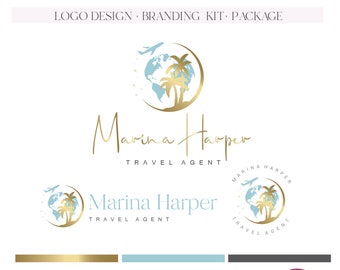 Travel agent logo and branding Travel globe logo Plane globe palm tree branding Travel agency agent logo business card stamps email card