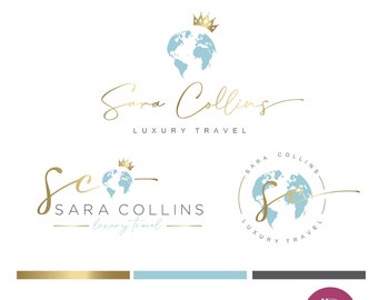 Travel agency luxury logo and branding Globe crown logo  Travel agent agency  brand Traveling world advisor logo ecard stamps watermark