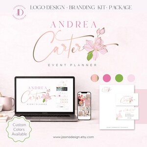 May include: A branding kit mockup featuring a laptop, phone, stationery, and color swatches. The design includes the name "Andrea Carter, Event Planner" in a delicate script font with floral accents. The words "Logo Design, Branding Kit, Package" are also visible.