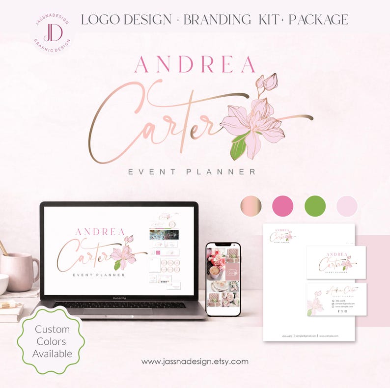 May include: A branding kit mockup featuring a laptop, phone, stationery, and color swatches. The design includes the name "Andrea Carter, Event Planner" in a delicate script font with floral accents. The words "Logo Design, Branding Kit, Package" are also visible.