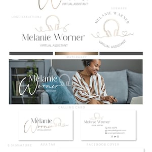 May include: A branding kit for a virtual assistant named Melanie Worner. The kit includes a logo, submark, watermark, calling card, e-signature, avatar, and Facebook cover. The logo features a handwritten script font with a headset and heart icon. The color scheme is white, black, and gold.