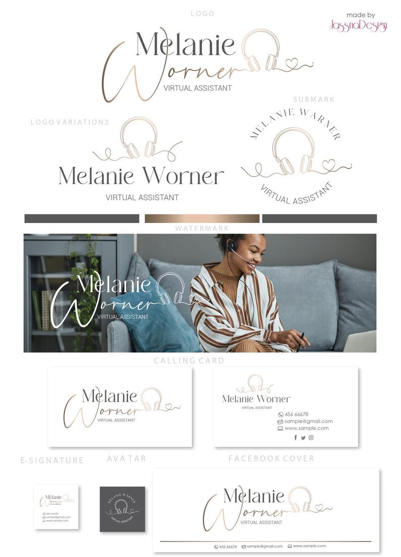 May include: A branding kit for a virtual assistant named Melanie Worner. The kit includes a logo, submark, watermark, calling card, e-signature, avatar, and Facebook cover. The logo features a handwritten script font with a headset and heart icon. The color scheme is white, black, and gold.