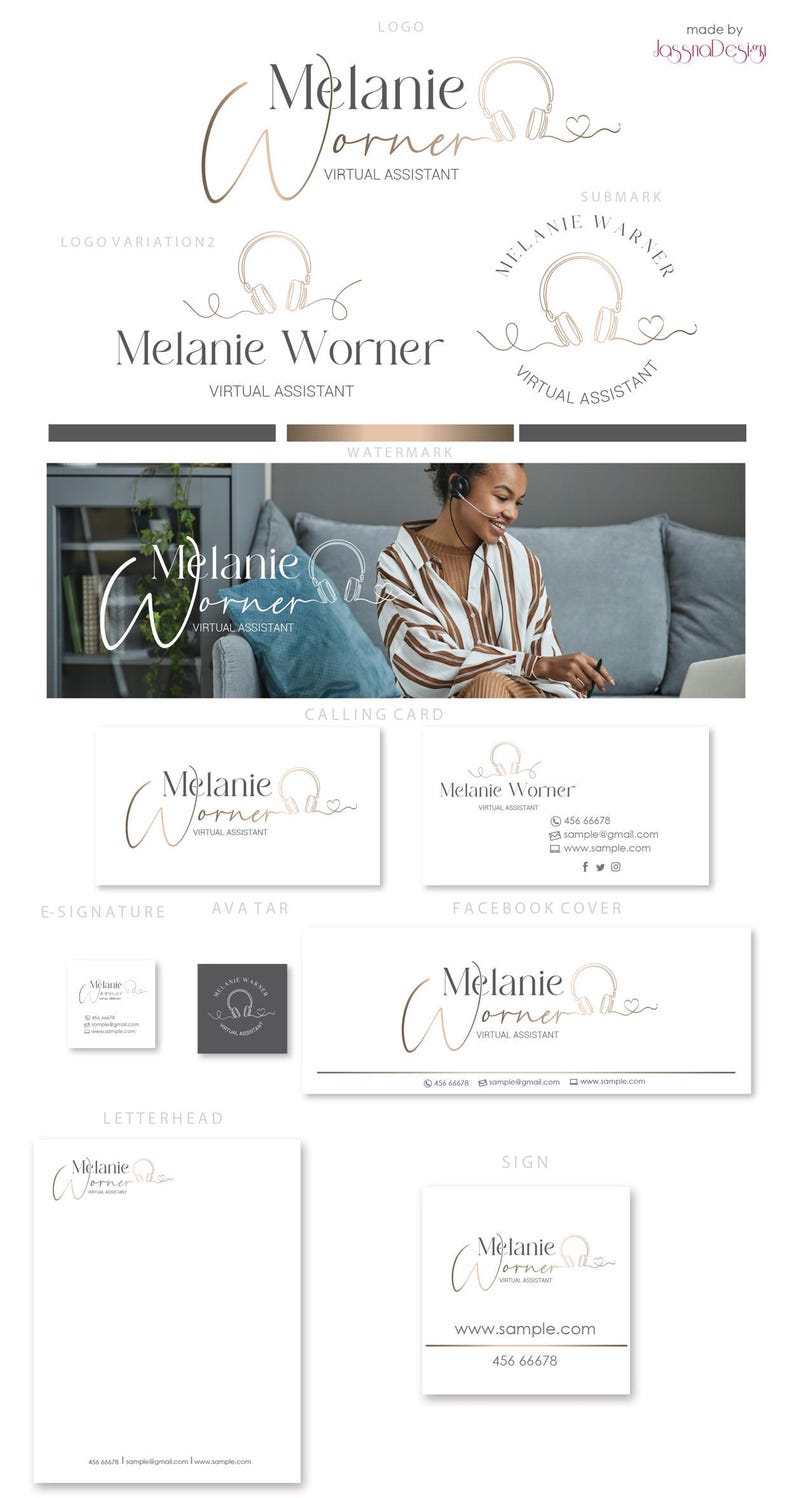 May include: A branding mockup for a virtual assistant business. The logo features a handwritten name "Melanie Worner" with a stylized headphone icon and a heart. The mockup includes a variety of branding elements, such as a business card, letterhead, and social media graphics.
