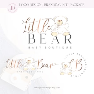 May include: Logo design for a baby boutique called "Little Bear Baby Boutique". The logo features a white teddy bear with a pink bow and the text "Little Bear Baby Boutique" in a cursive font.
