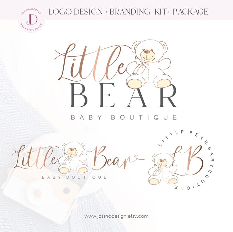May include: Logo design for a baby boutique called "Little Bear Baby Boutique". The logo features a white teddy bear with a pink bow and the text "Little Bear Baby Boutique" in a cursive font.