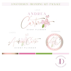 May include: A logo design kit featuring the name "Andrea Carter" in a cursive font, with floral accents. The kit includes variations of the logo, a submark, and a color palette. Text includes "Event Planner" and "Logo Design, Branding Kit, Package."