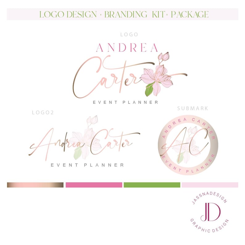 May include: A logo design kit featuring the name "Andrea Carter" in a cursive font, with floral accents. The kit includes variations of the logo, a submark, and a color palette. Text includes "Event Planner" and "Logo Design, Branding Kit, Package."