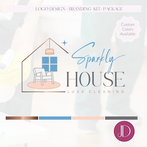 May include: Logo design for "Sparkly House Luxe Cleaning" featuring a house outline with a chair, window, and lamp. The logo includes the text "LOGO DESIGN &bull; BRANDING KIT &bull; PACKAGE" and "Custom Colors Available."