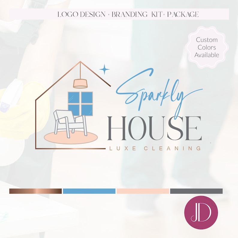 May include: Logo design for "Sparkly House Luxe Cleaning" featuring a house outline with a chair, window, and lamp. The logo includes the text "LOGO DESIGN &bull; BRANDING KIT &bull; PACKAGE" and "Custom Colors Available."
