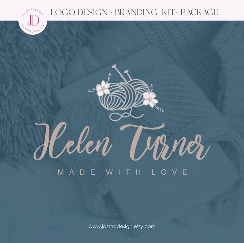 May include: A logo design for a business called "Helen Turner" with the tagline "Made with Love". The logo features a stylised image of two balls of yarn with knitting needles and flowers.