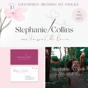 Könnte beinhalten: Ein Branding-Kit-Paket mit einem Logo-Design mit dem Namen "Stephanie Collins" und dem Satz "made with love". Das Design umfasst eine rosa Blumengrafik, eine Herz- und Nadel-Illustration sowie Visitenkarten-Mockups. Formate: AI, PNG und JPEG.