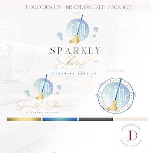 May include: A logo design branding kit package featuring a logo with a cityscape and a mop, the words "Sparkly Shine" in cursive, and a color palette of gold, blue, and gray. The text "Cleaning Service" is also included.