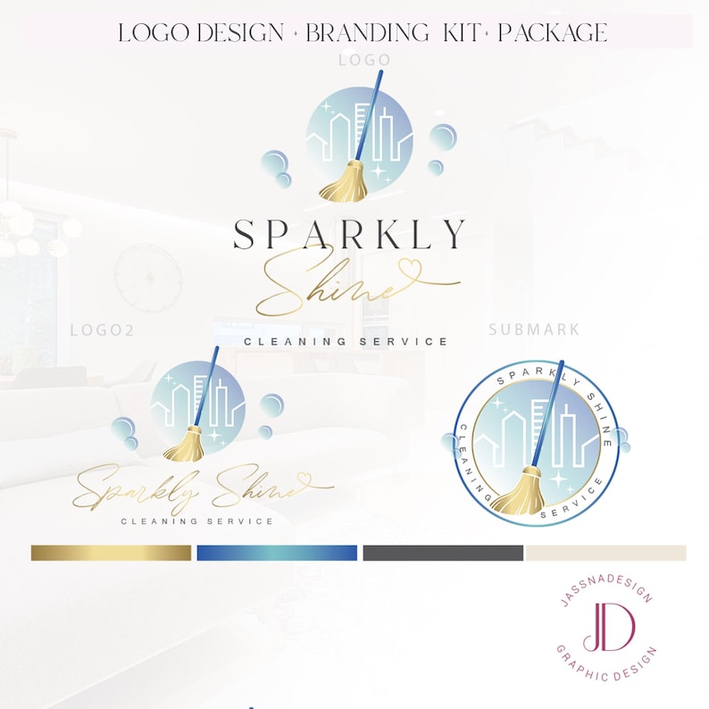 May include: A logo design branding kit package featuring a logo with a cityscape and a mop, the words "Sparkly Shine" in cursive, and a color palette of gold, blue, and gray. The text "Cleaning Service" is also included.