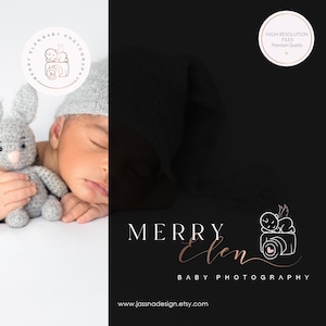 May include: A sleeping baby wearing a gray knit cap, holding a gray stuffed bunny. The image has a logo that says "MERRY ELEN BABY PHOTOGRAPHY" and "HIGH-RESOLUTION FILES Premium Quality". The website address is www.jassnadesign.etsy.com.