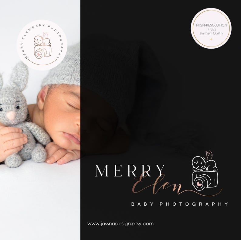 May include: A sleeping baby wearing a gray knit cap, holding a gray stuffed bunny. The image has a logo that says "MERRY ELEN BABY PHOTOGRAPHY" and "HIGH-RESOLUTION FILES Premium Quality". The website address is www.jassnadesign.etsy.com.