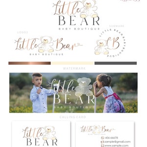 May include: A logo design for a baby boutique called "Little Bear Baby Boutique". The logo features a stylized illustration of a teddy bear with a pink bow. The text "Little Bear" is written in a cursive font with a pink and gold gradient. The text "Baby Boutique" is written in a sans-serif font below the bear.