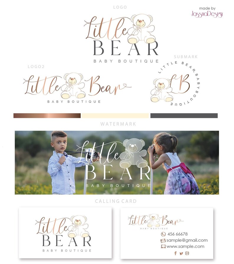 May include: A logo design for a baby boutique called "Little Bear Baby Boutique". The logo features a stylized illustration of a teddy bear with a pink bow. The text "Little Bear" is written in a cursive font with a pink and gold gradient. The text "Baby Boutique" is written in a sans-serif font below the bear.