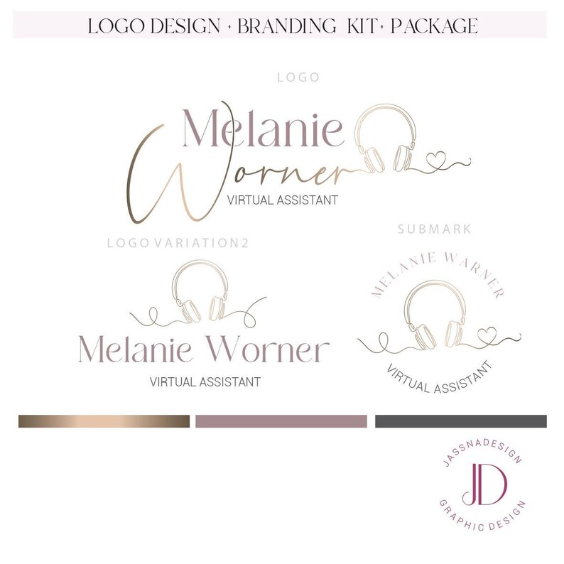 May include: Logo design branding kit package for a virtual assistant named Melanie Worner. The logo features a stylized handwritten name with headphones and a heart. The submark is a circular logo with the name and headphones. The color palette includes gold, pink, and gray.