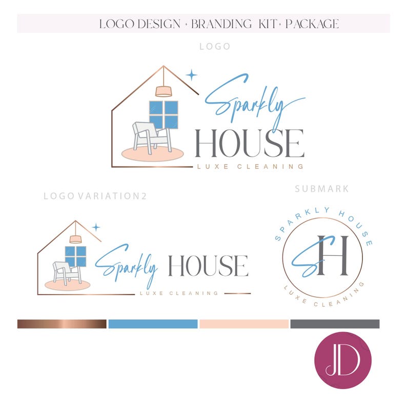 May include: A logo design featuring the text "Sparkly House Luxe Cleaning" in a script font, with a house icon and color palette. The design includes a logo variation and submark.