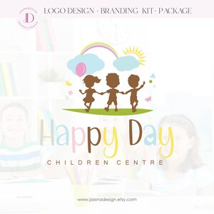 May include: A logo for a children's center called "Happy Day Children Centre". The logo features three children holding hands, a rainbow, clouds, and a sun. The text is in a playful font with a heart in the word "Day".