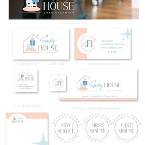 May include: A collection of logos and branding materials for "Sparkly House Luxe Cleaning." The designs feature a house icon with a chair and window, and a circular logo with the initials "SH." Includes business cards, letterhead, and promotional stamps.