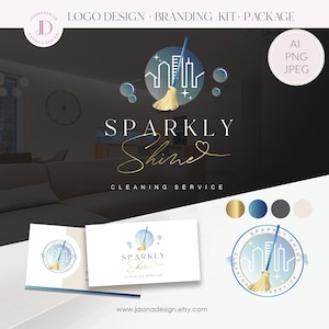 May include: A logo design for a cleaning service, featuring a cityscape silhouette with a broom and bubbles. The text reads "SPARKLY Shine CLEANING SERVICE". Includes business card mockups and color palette options. The design is available in AI, PNG, and JPEG formats.