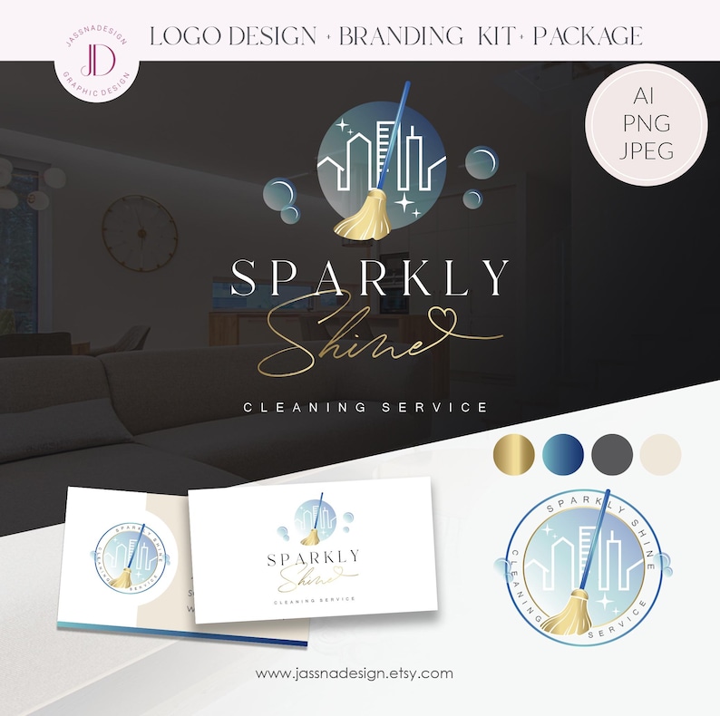 May include: A logo design for a cleaning service, featuring a cityscape silhouette with a broom and bubbles. The text reads "SPARKLY Shine CLEANING SERVICE". Includes business card mockups and color palette options. The design is available in AI, PNG, and JPEG formats.