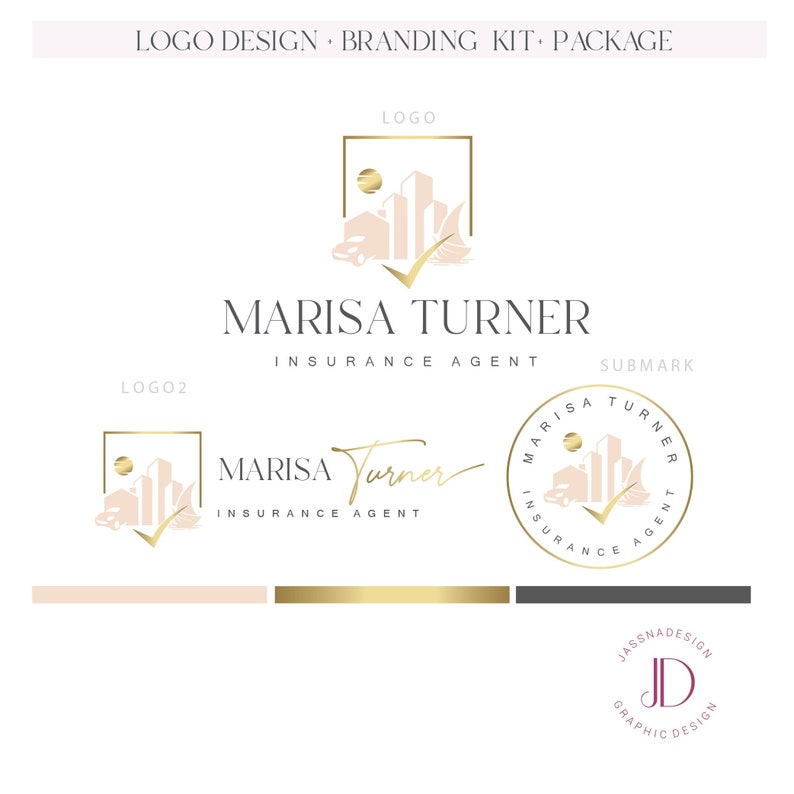 May include: A branding kit for an insurance agent named Marisa Turner. The logo features a gold checkmark with a building and a car inside. The submark is a circle with the same logo and the text "Marisa Turner Insurance Agent".