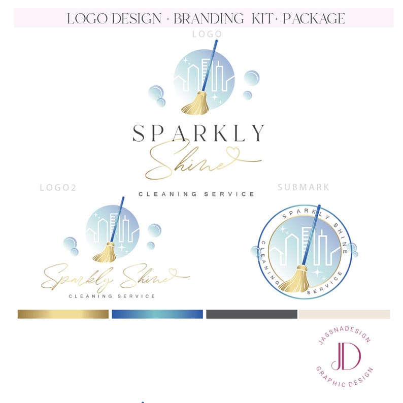May include: A logo design and branding kit package for a cleaning service. The design features a cityscape with a broom, bubbles, and the words "Sparkly Shine" in a script font. Includes logo variations and a color palette.