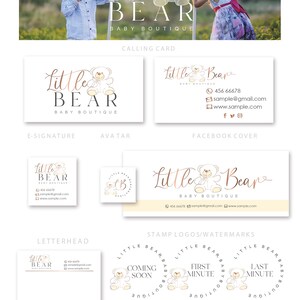May include: A collection of branding elements for a baby boutique called "Little Bear Baby Boutique". The logo features a cute cartoon bear with a bow. The branding includes a logo, submark, watermark, calling card, e-signature, avatar, Facebook cover, letterhead, stamp logos, sign, loyalty card, and thank you card.