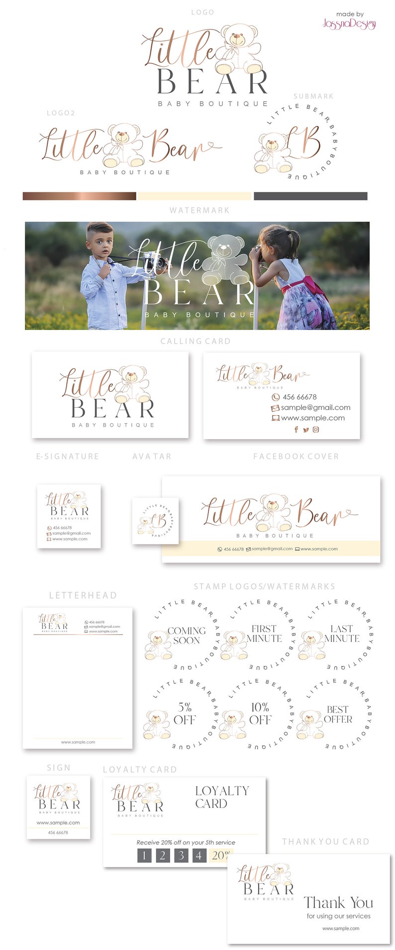 May include: A collection of branding elements for a baby boutique called "Little Bear Baby Boutique". The logo features a cute cartoon bear with a bow. The branding includes a logo, submark, watermark, calling card, e-signature, avatar, Facebook cover, letterhead, stamp logos, sign, loyalty card, and thank you card.