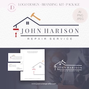 May include: A logo design for a repair service, featuring a house silhouette with a hammer and paint roller. The text "JOHN HARISON REPAIR SERVICE" is displayed below the graphic. Business cards and letterhead with the logo are also shown.