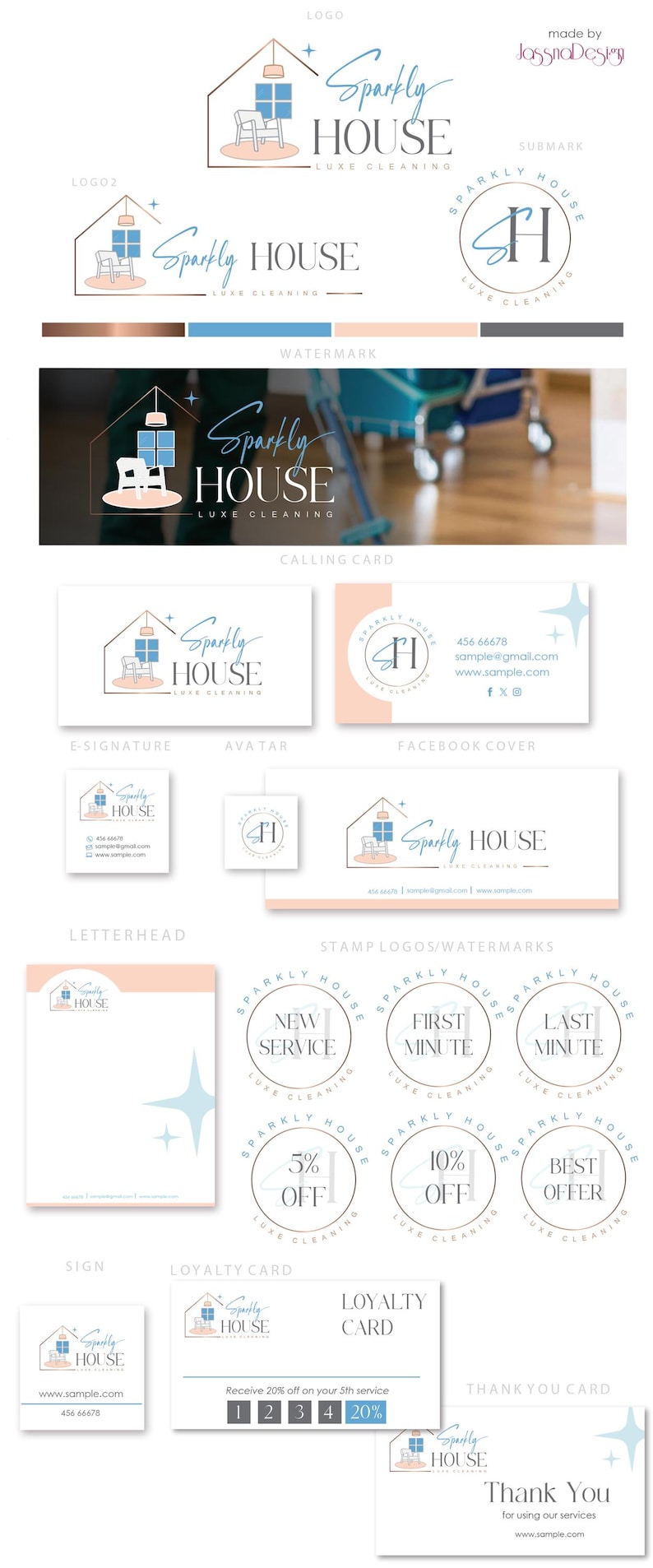 May include: A collection of logos and branding materials for "Sparkly House Luxe Cleaning." The designs feature a house icon with a chair and window, and a circular logo with the initials "SH." Various marketing materials are shown.