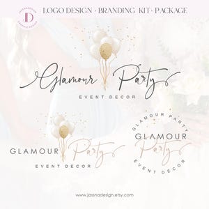May include: Glamour Party Event Decor logo design with a gold and white balloon illustration. The logo text is in a script font and the words "Glamour Party" are written in a circle with the words "Event Decor" below.