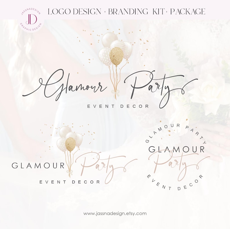 May include: Glamour Party Event Decor logo design with a gold and white balloon illustration. The logo text is in a script font and the words "Glamour Party" are written in a circle with the words "Event Decor" below.