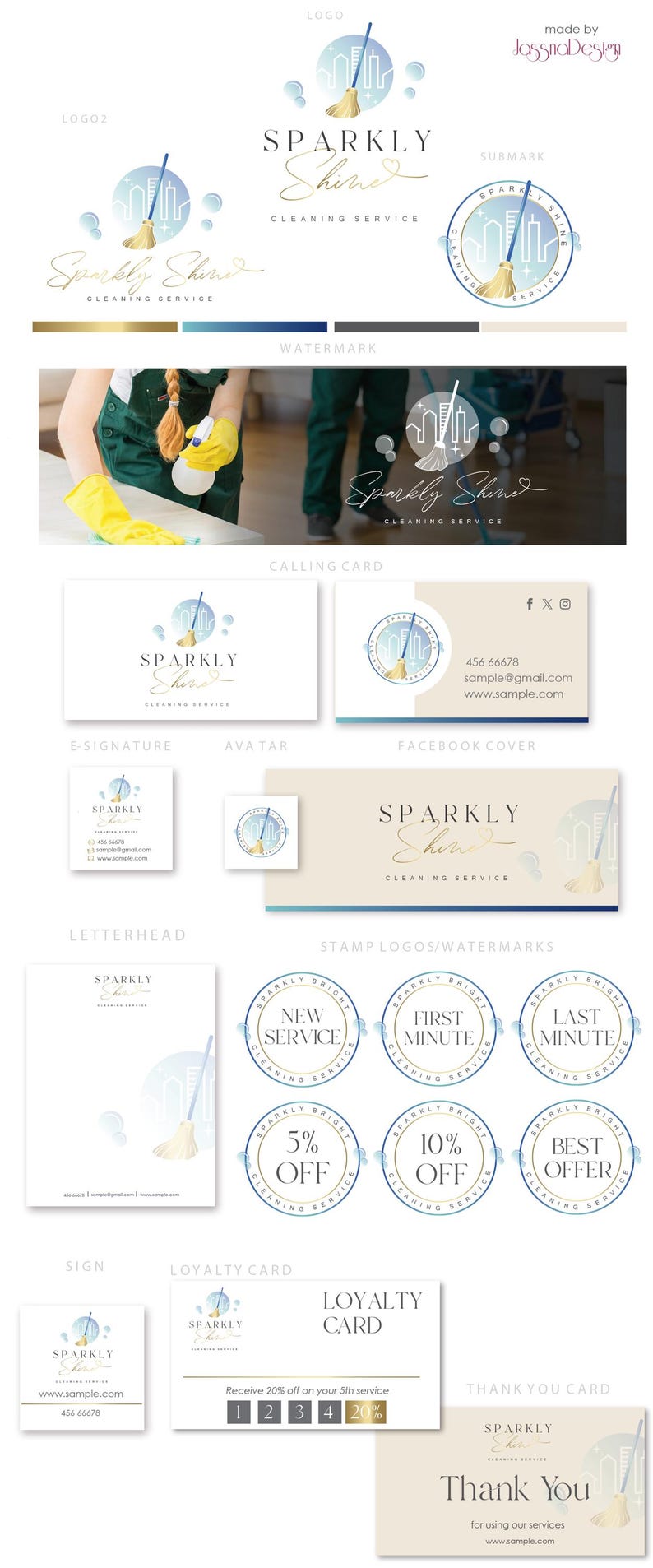 May include: A collection of branding materials for a cleaning service, featuring a logo with a cityscape and a broom. Includes business cards, letterhead, and promotional stamps with offers like "5% Off" and "Best Offer".