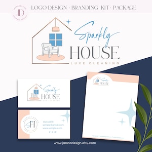 May include: A logo design and branding kit for "Sparkly House Luxe Cleaning." The design features a house outline with a chair, window, and light fixture. The kit includes business cards and a letterhead with the logo and contact information.