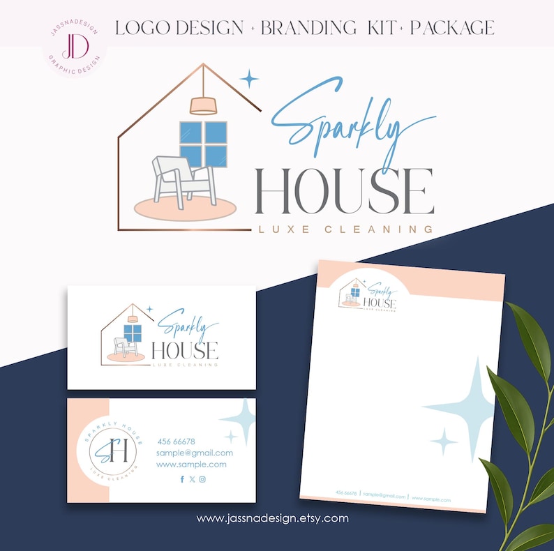 May include: A logo design and branding kit for "Sparkly House Luxe Cleaning." The design features a house outline with a chair, window, and light fixture. The kit includes business cards and a letterhead with the logo and contact information.