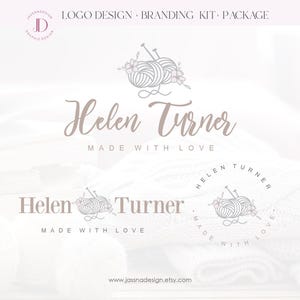 May include: A logo design for Helen Turner, a business that makes items with love. The logo features a stylised image of yarn balls and knitting needles with flowers. The text "Helen Turner" is written in a cursive font and the text "Made with Love" is written in a sans-serif font.