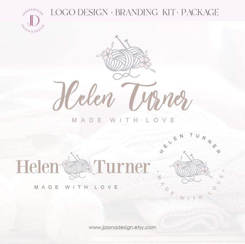 May include: A logo design for Helen Turner, a business that makes items with love. The logo features a stylised image of yarn balls and knitting needles with flowers. The text "Helen Turner" is written in a cursive font and the text "Made with Love" is written in a sans-serif font.